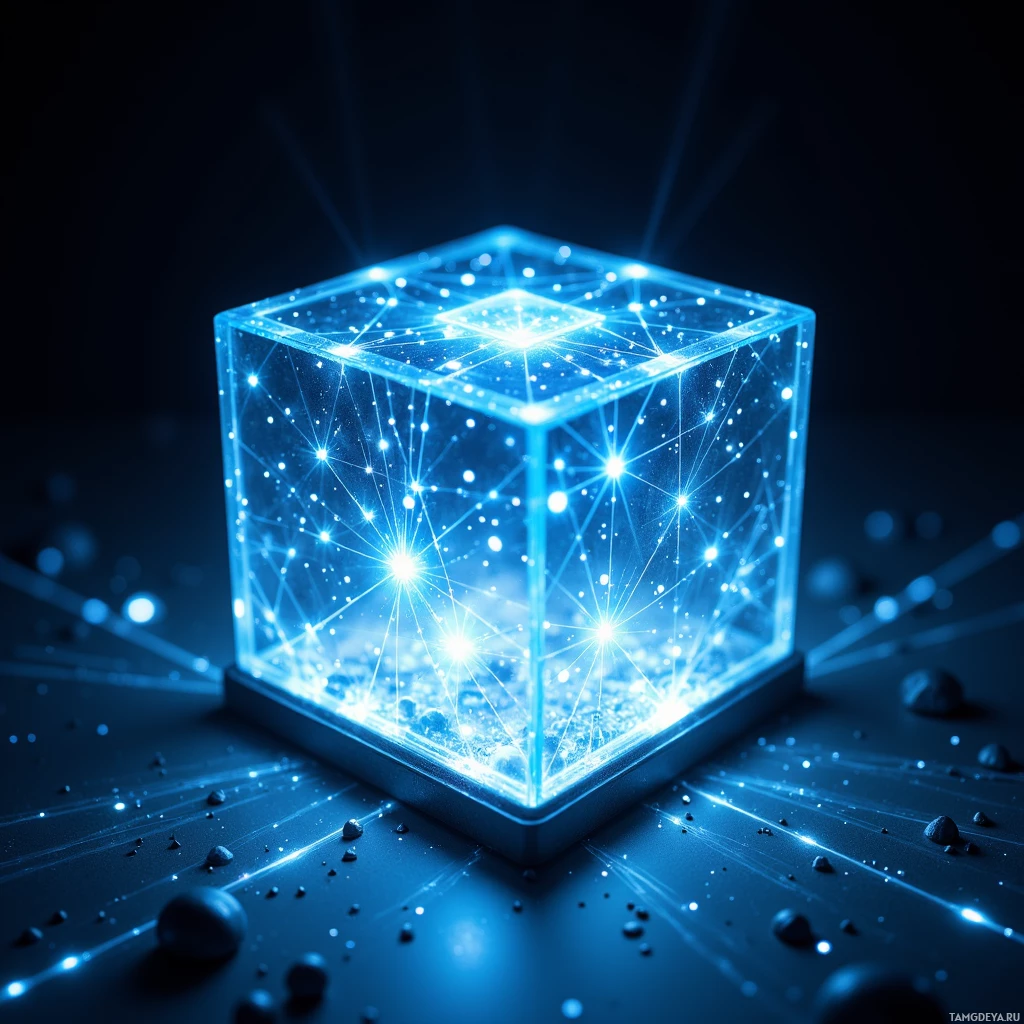 Semi-abstract image with many light, that is suitable for the post:  tiny translucent cube of adaptive glass, surface rewrites itself with shifting holographic star maps, glowing soft blue‑white light, tiny LEDs forming a dynamic constellation that pulses, sleek edges, subtle humming aura, futuristic pocket oracle.