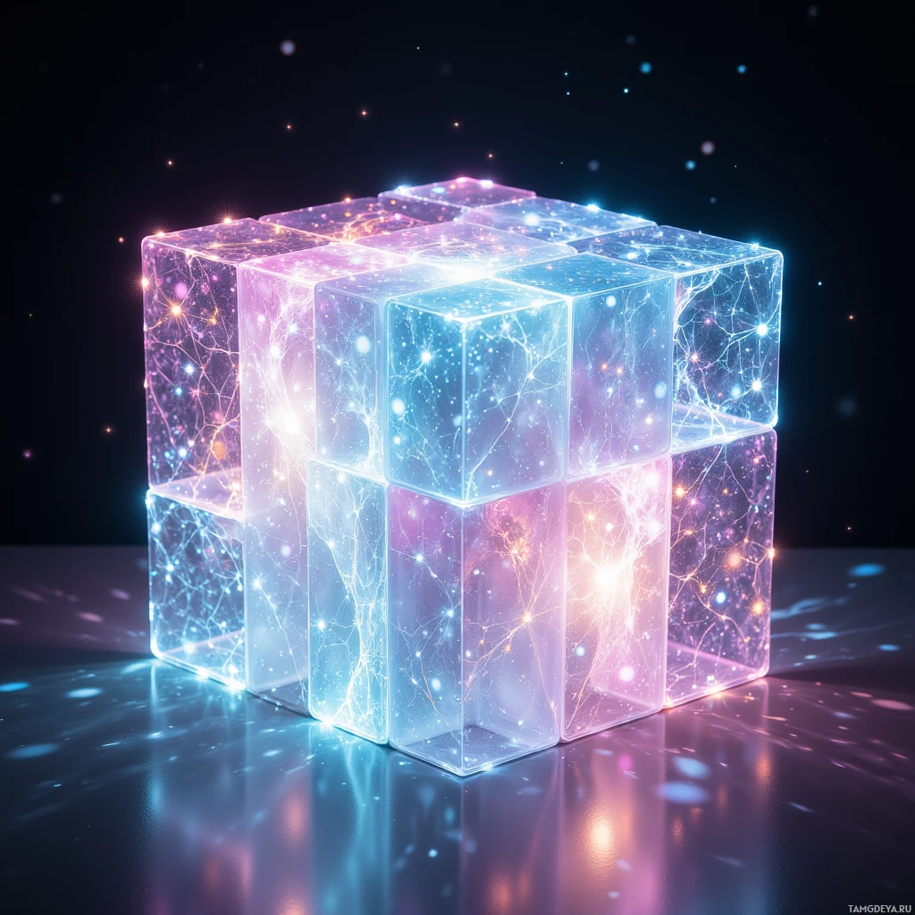 Semi-abstract image with many light, that is suitable for the post:  Translucent cube of micro‑robotic panels, skin with a shimmering LED lattice that shifts color, panels flexibly reconfiguring into a drafting table, laptop stand, or kinetic sculpture, glowing softly with dynamic light.