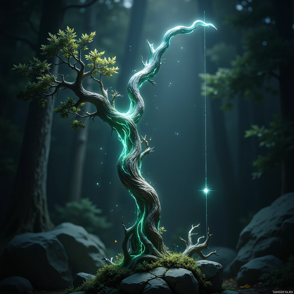 Semi-abstract image with many light, that is suitable for the post:  A silver-leafed bow made from a single living oak, with bark‑textured limbs that curve naturally, a translucent silver string that glows faintly, faint green veins pulsing through the shaft, and a subtle luminous aura emanating from the wood.