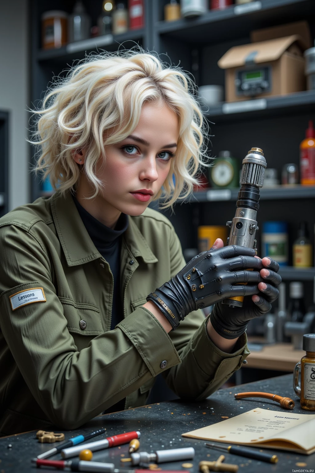 Realistic high quality photo. Female, 33, white curly hair, blue eyes, wearing a green utility jacket and black cargo pants with reinforced boots, calibrating an implanted circulatory system in a sci‑fi workshop filled with a scaffold of oxidized titanium prototype, soldering tools, and a folder labeled “Lessons,” surrounded by racks of failed inventions under low industrial lighting.