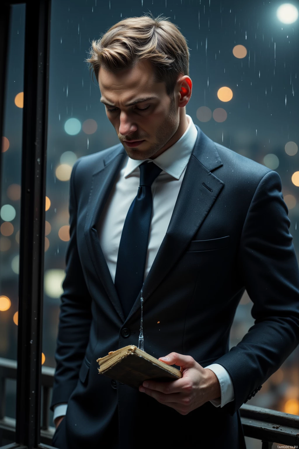 Realistic high quality photo. Tall slim 27‑year‑old man, short light brown hair, blue eyes, sharp face, wearing a well‑tailored black suit, crisp white shirt, thin tie, standing on a dimly lit balcony under city lights, watching a broken glass shard with a fingerprint, rain drips slowly, holding a worn notebook, evening atmosphere.