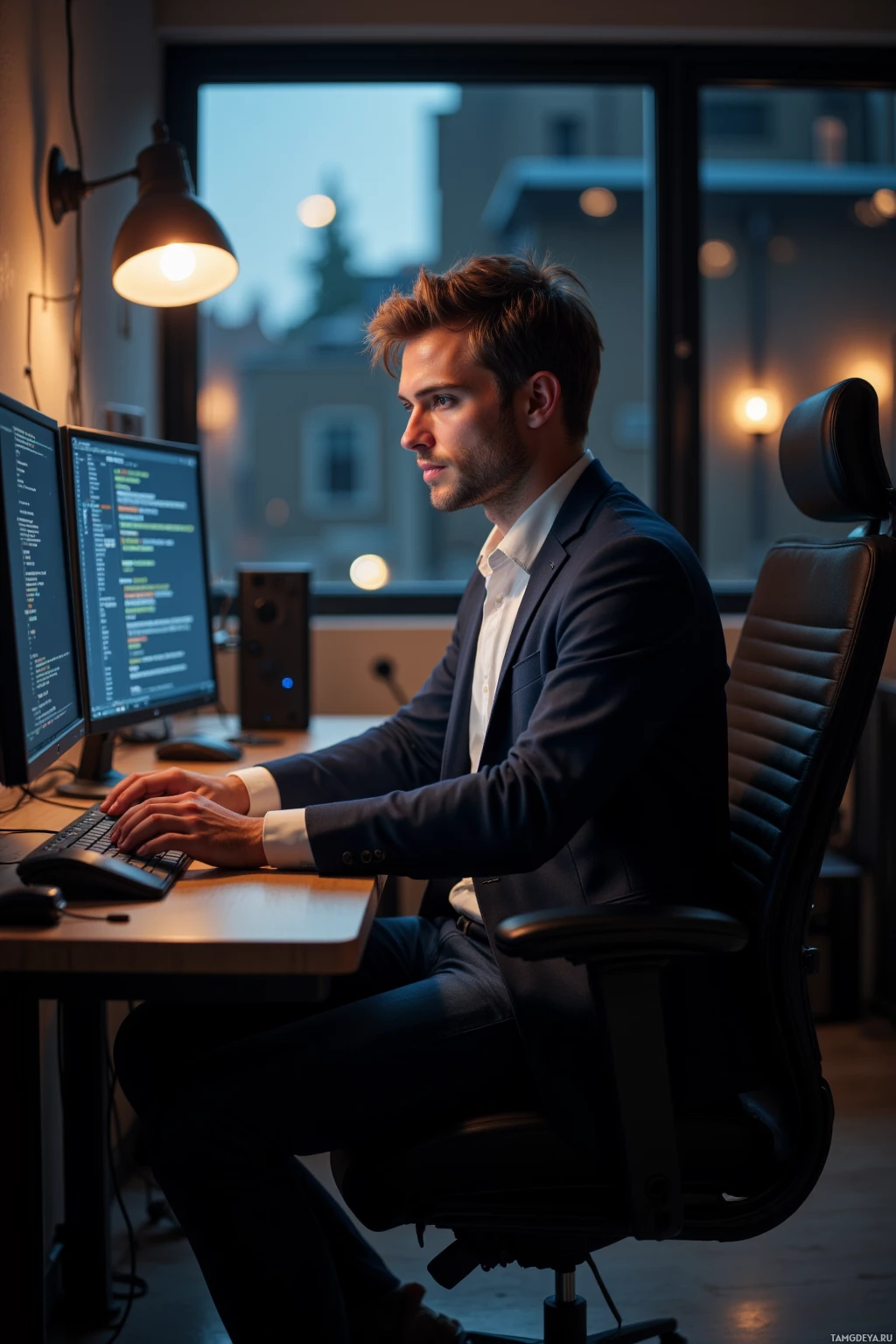 Realistic high quality photo. A 31‑year‑old man with light brown hair and hazel eyes, wearing jeans, a plain white shirt, and a fitted blazer, sits at a desk in a dimly lit modern office, twin monitors casting a soft glow on his focused face as he traces code, a server rack hums nearby, and the soft sunset light filters through blinds, his expression a quiet chuckle of resilience.