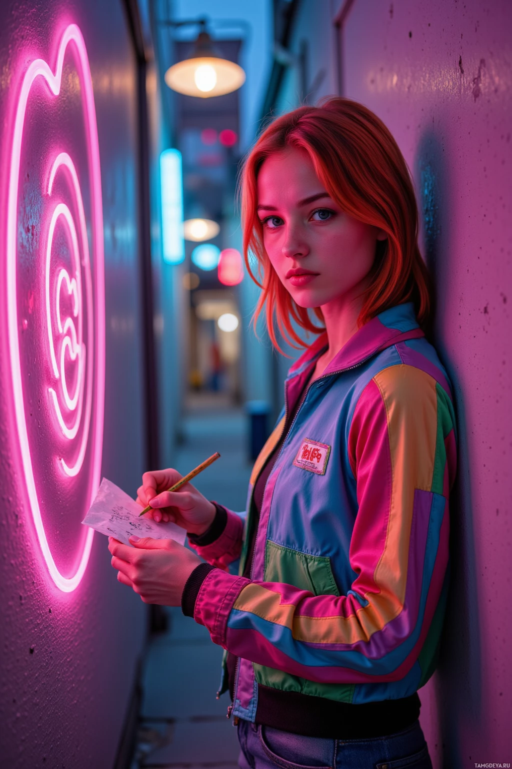 Realistic high quality photo. A 25‑year‑old woman with bright red hair, warm brown eyes, glowing skin, small nose, full lips, wearing a colorful jacket with glowing patterns and casual jeans, standing in a narrow city alley where the walls are painted in pulsing, glowing colors, sketching a doodle on a napkin, late evening with ambient city lights reflecting, vibrant energetic aura, modern realism.
