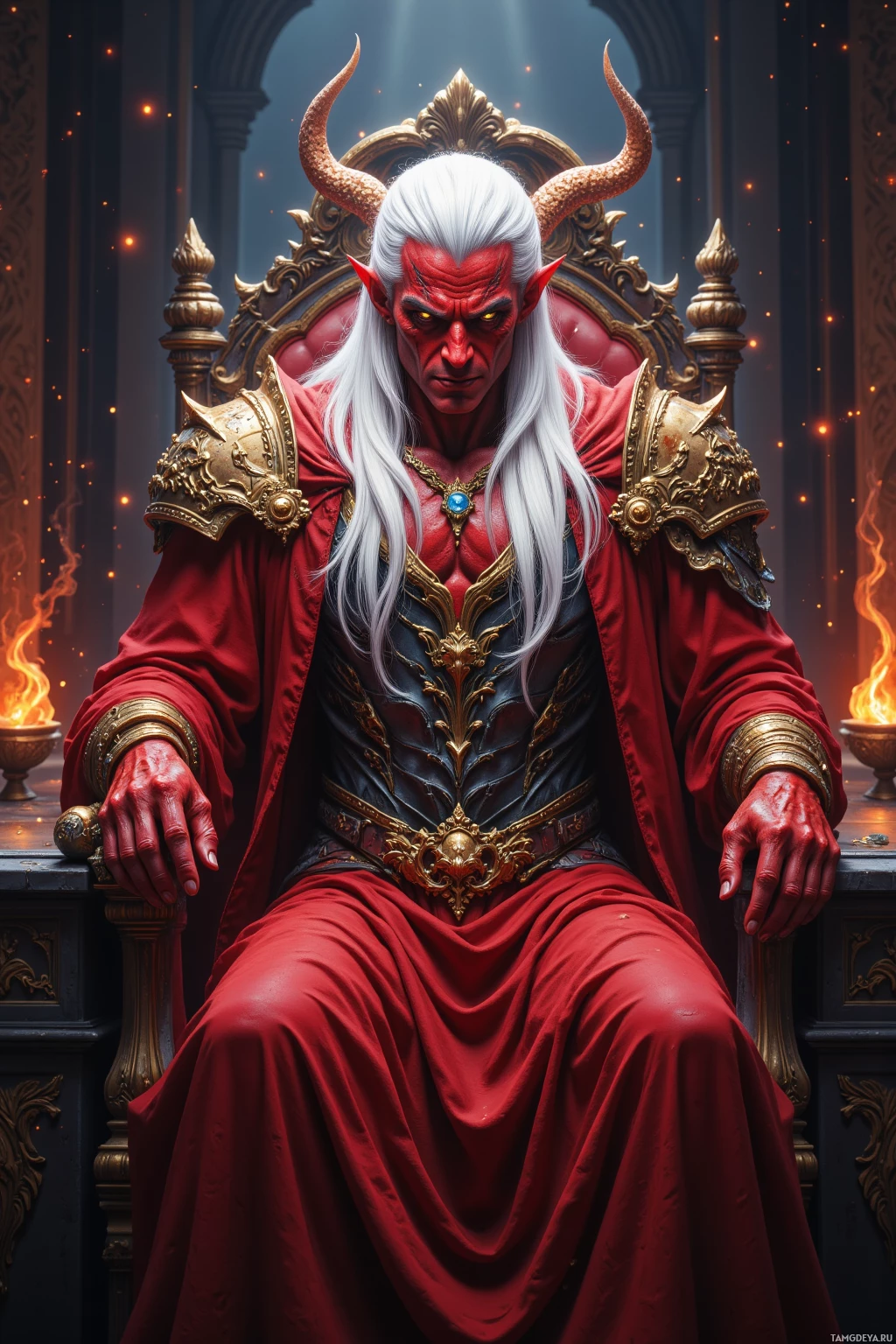 Realistic high quality photo. Male demon prince, tall crimson-skinned, sleek white hair swept back, intense red eyes glowing, chiseled face with a calculating smile, wearing gold‑trimmed ornate armor and long flowing crimson robes, seated at a lavish velvet desk in a dimly lit study, swirling mists and glowing bowls of destiny around him, he manipulates invisible strands of chaos with a mischievous grin.