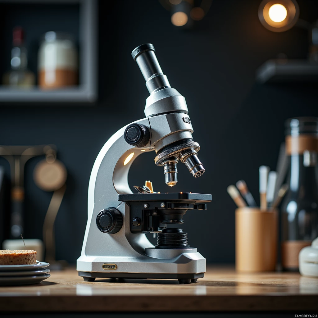 Semi-abstract image with many light, that is suitable for the post:  sleek hand‑crafted microscope with a polished aluminium shell, minimalist design, ergonomic grip, integrated 4K camera lens, subtle LED illumination panel, and faint digital interface glowing softly, blending vintage elegance with futuristic technology