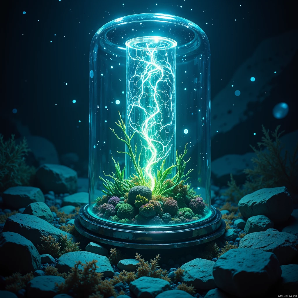 Semi-abstract image with many light, that is suitable for the post:  Translucent glass cylinder, pressure‑resistant hull etched with faint ancient ocean current map, glowing bioluminescent algae inside a vent chimney, integrated micro‑spectrometer, adaptive sensor array, subtle blue and silver luminescent pulses.