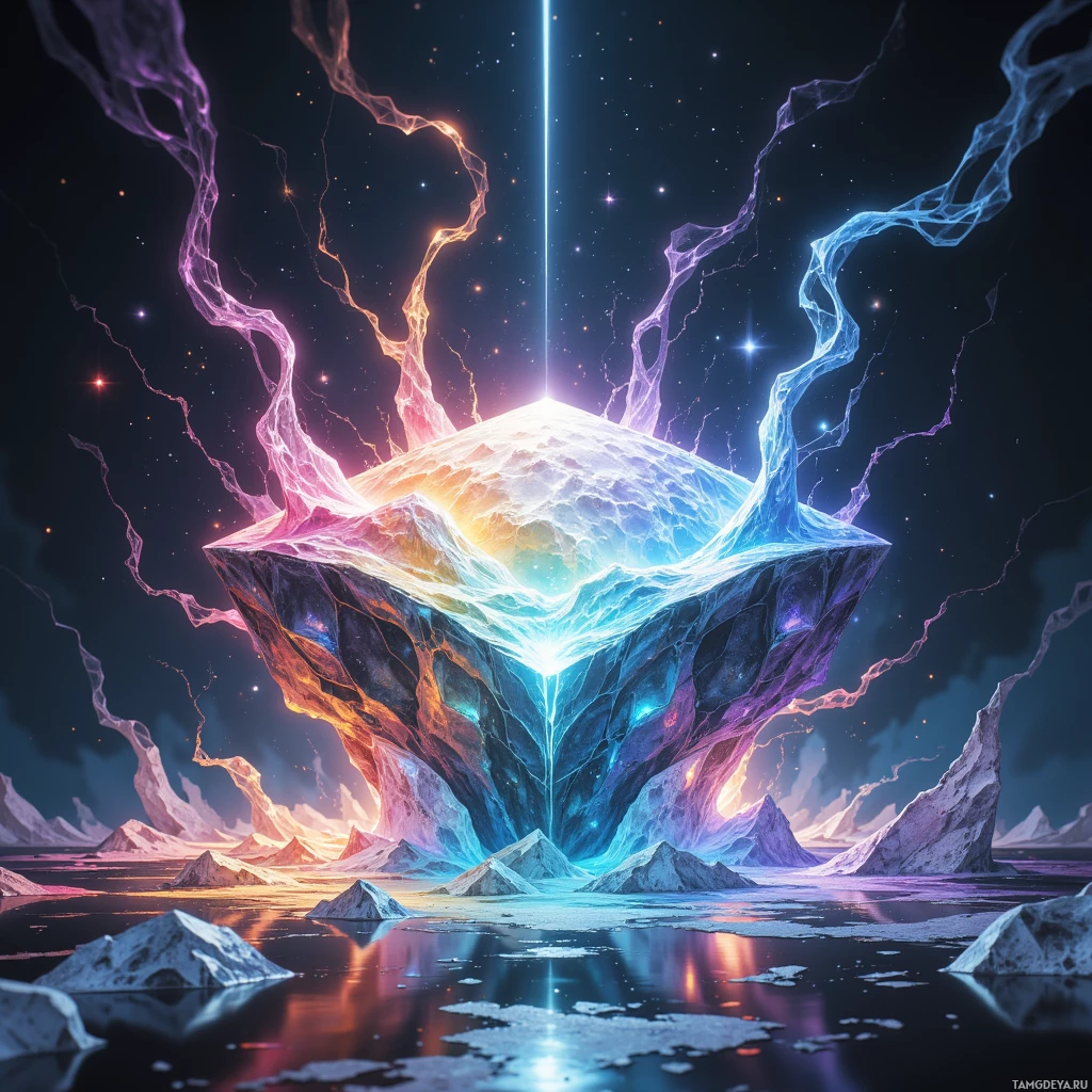 Semi-abstract image with many light, that is suitable for the post:  silver-coated prism with an iridescent rippling surface that shifts rainbow hues, glossy reflective finish, and edges etched with dynamic rune constellations that rearrange like stars.