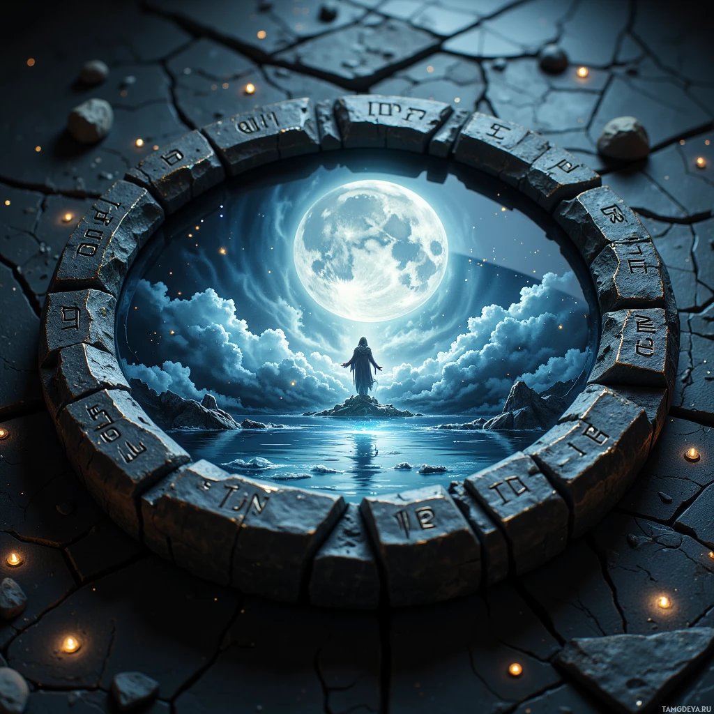 A mystical scene featuring a glowing moon, a figure standing on a rocky island, and a circular stone portal with inscriptions.
