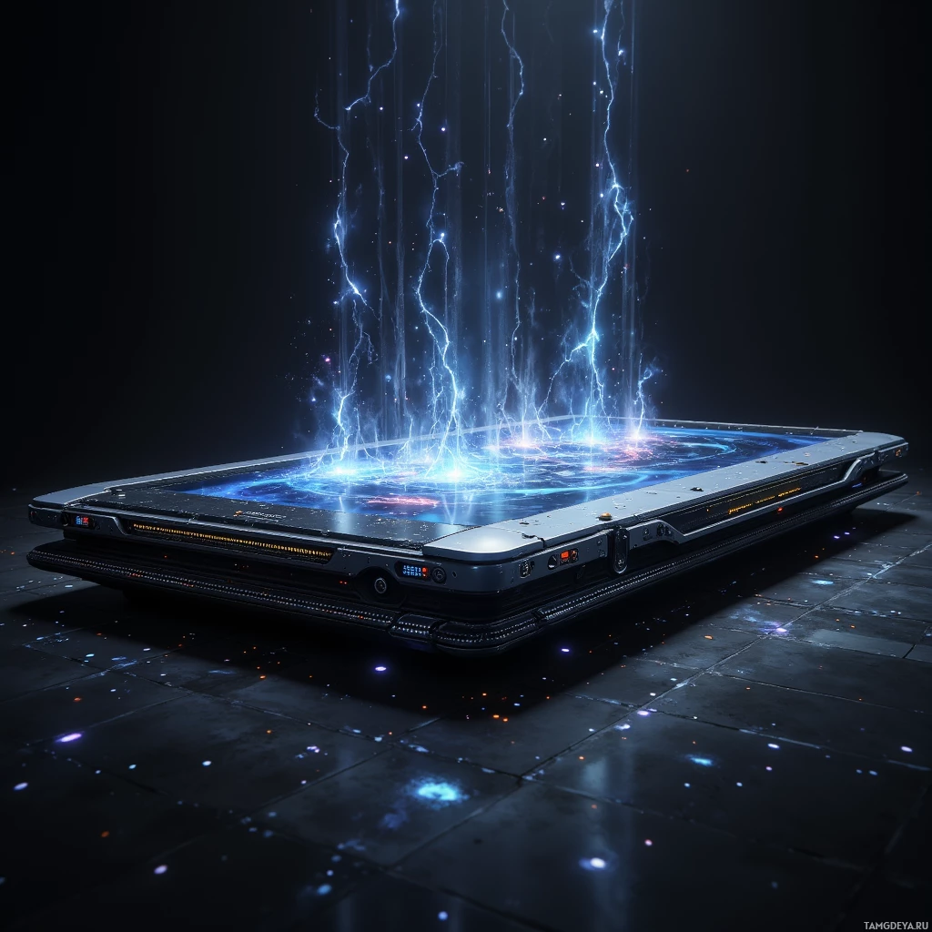A futuristic laptop with glowing blue energy effects emanating from its screen.
