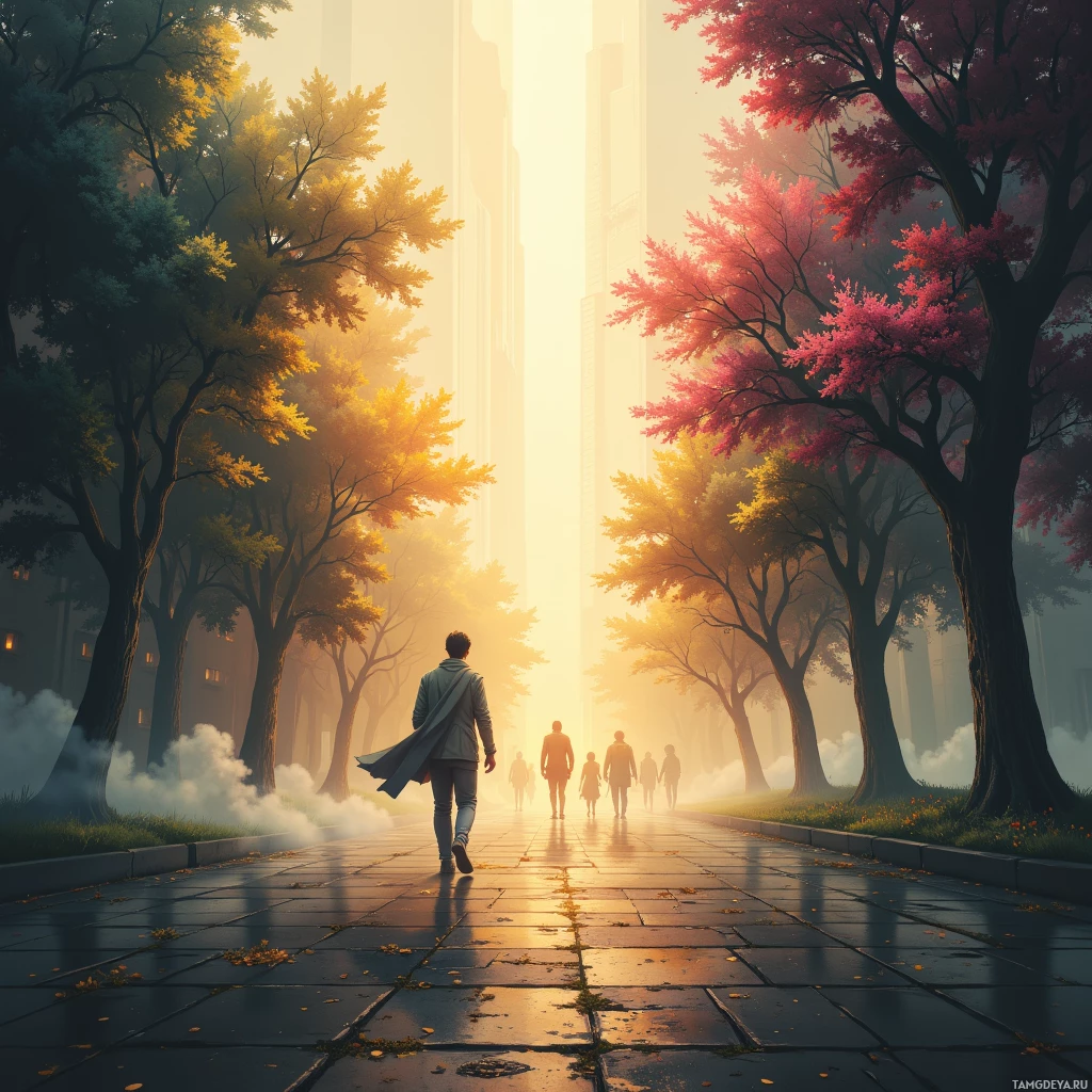 A serene scene of a person walking down a path lined with trees in autumn colors, with a cityscape in the background.