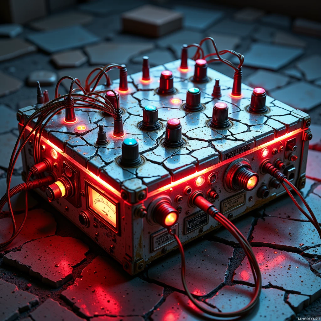 A cracked, industrial-looking device with glowing red lights and numerous knobs and cables.