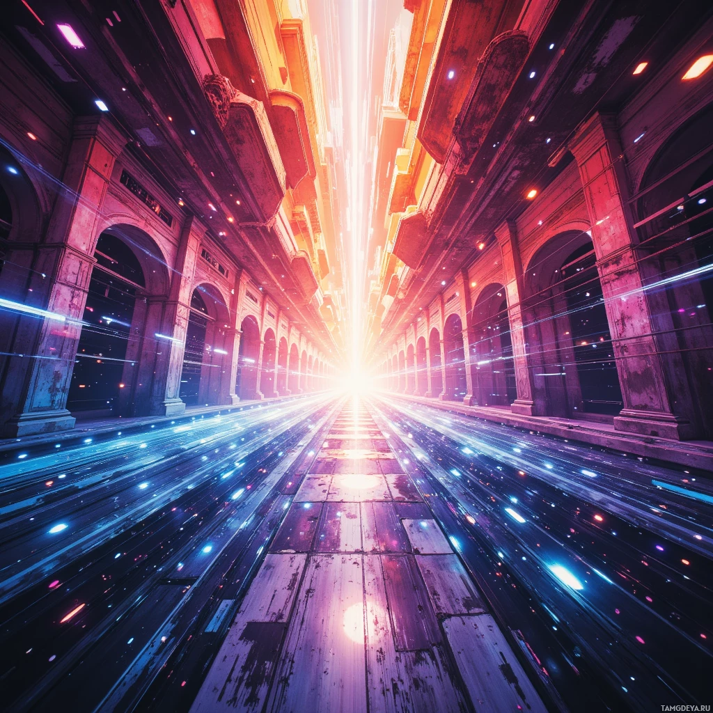 A futuristic corridor with glowing lines and light beams converging towards a bright light at the end.