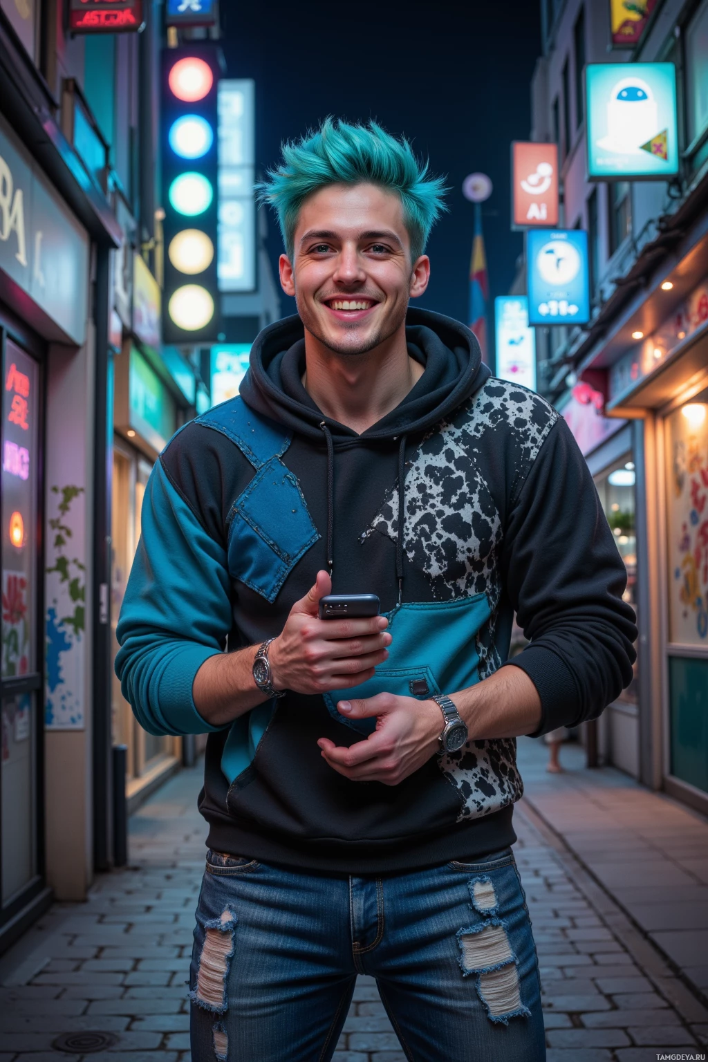 A young man with teal hair smiles while holding a phone in a brightly lit urban alleyway.