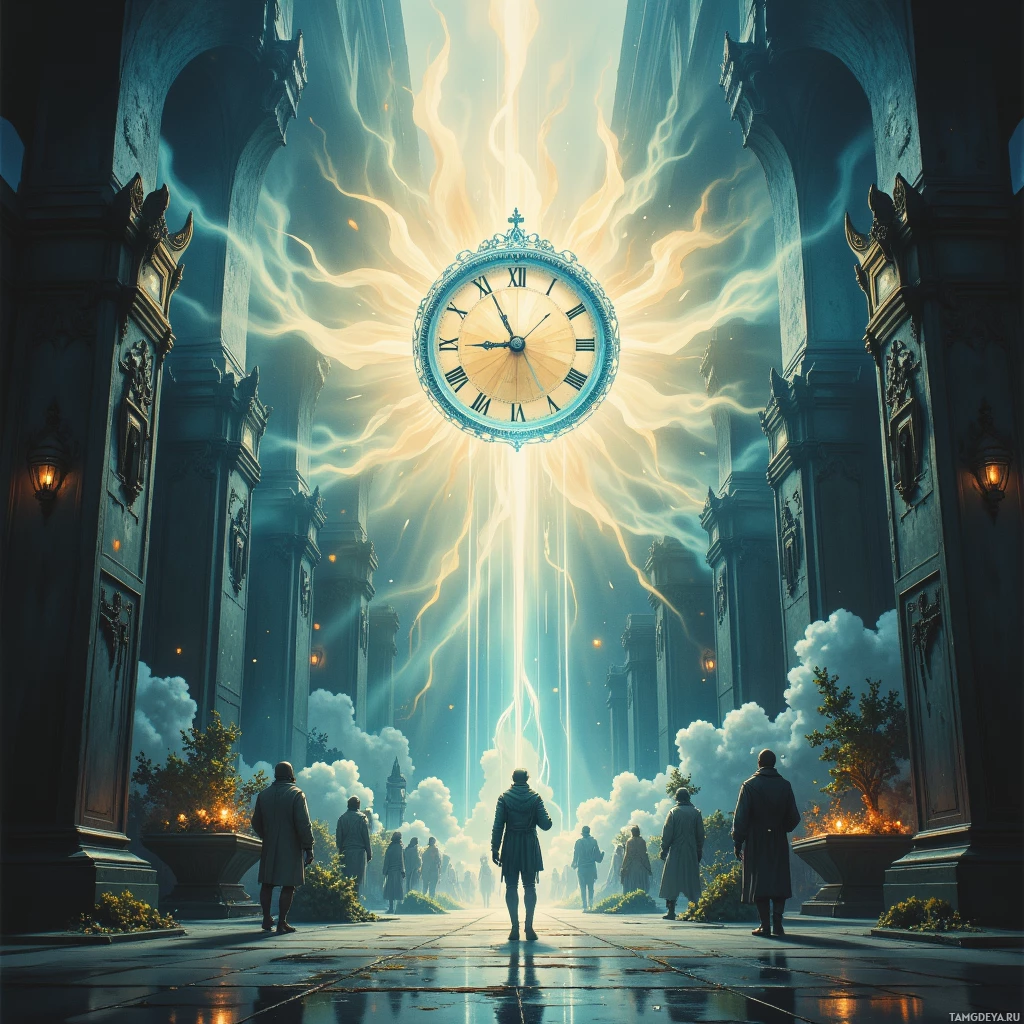 A grand, ornate clock hangs above a pathway lined with statues and glowing lights, leading towards a radiant, ethereal light at the end.