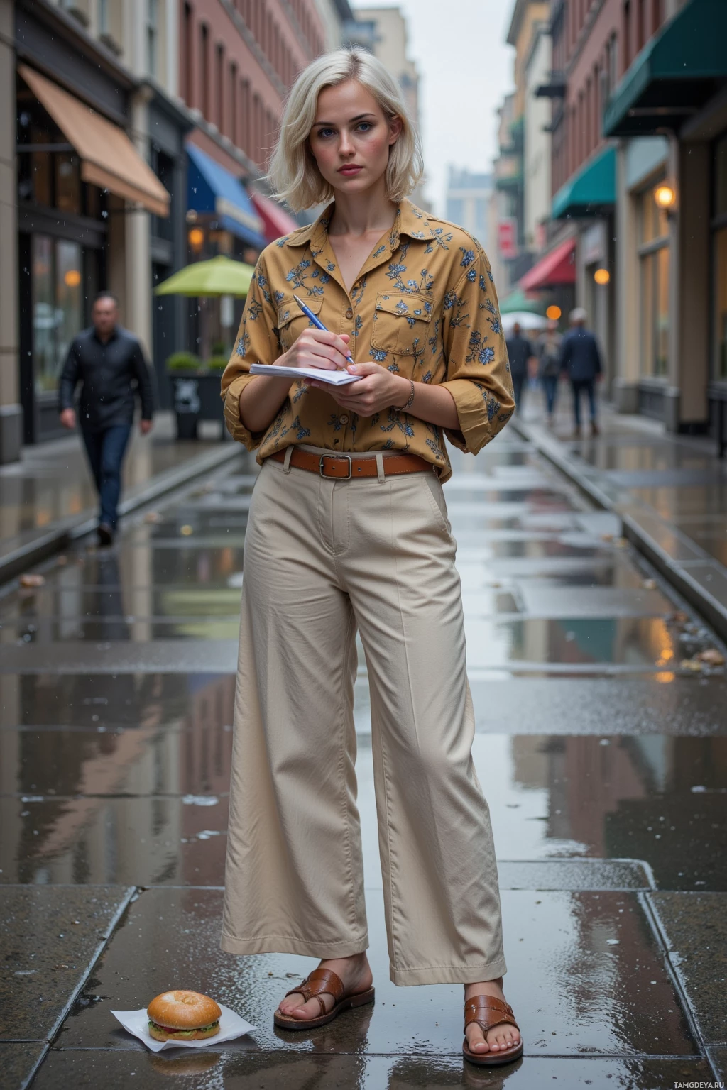 A woman stands on a wet street holding a pen and notebook, with a hamburger on the ground nearby.