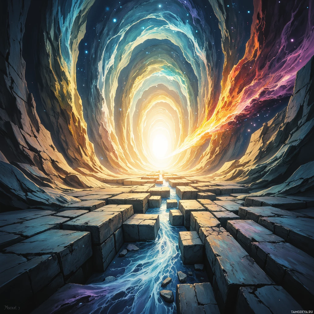 A vibrant, cosmic tunnel with glowing light at the end and flowing water on stone blocks.