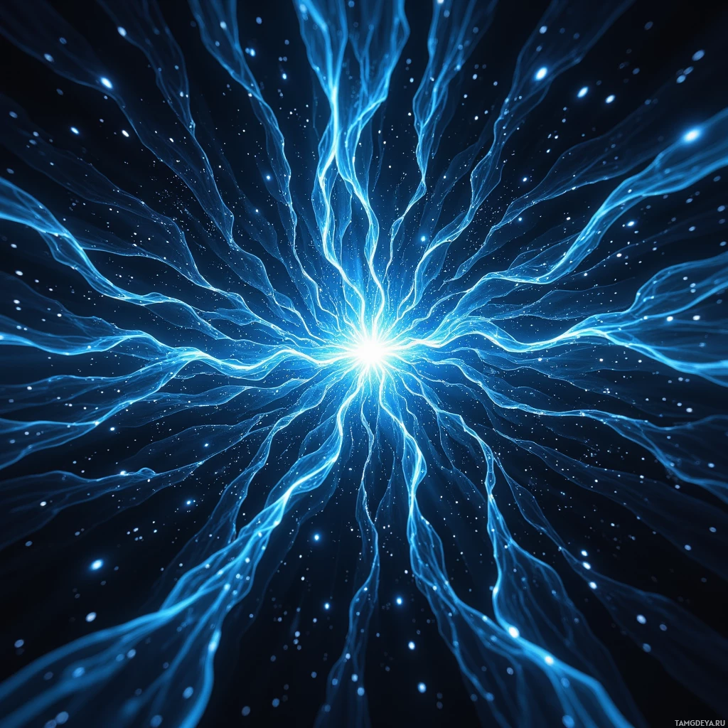 A radiant blue light burst with streaks and particles against a dark background.