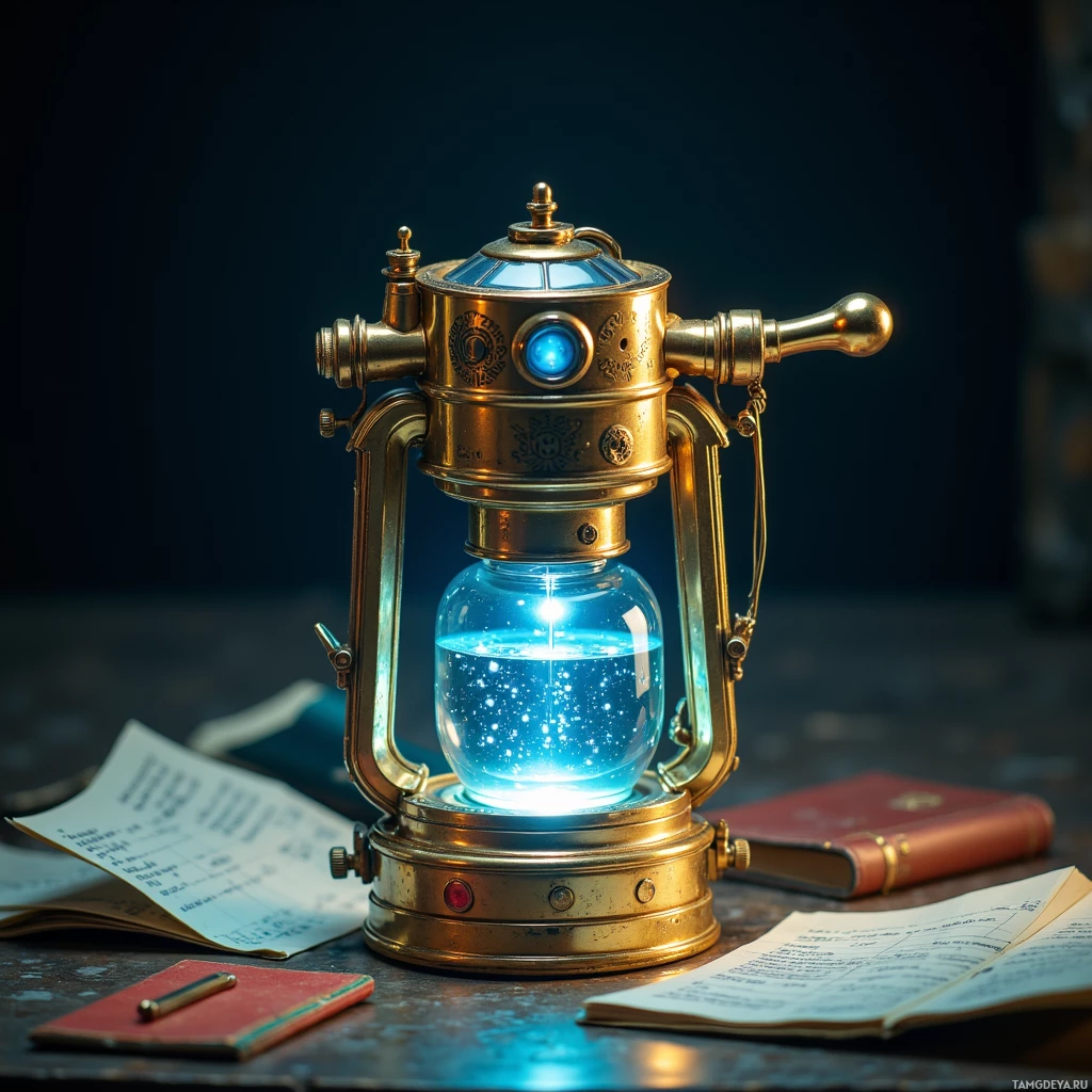 A brass lantern with a glowing blue light sits on a table beside an open book and a pen.