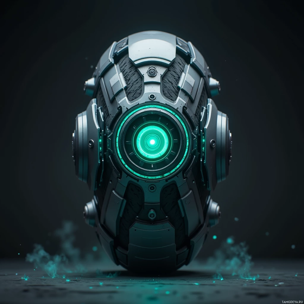 A futuristic, metallic spherical object with glowing green lights and intricate design elements.