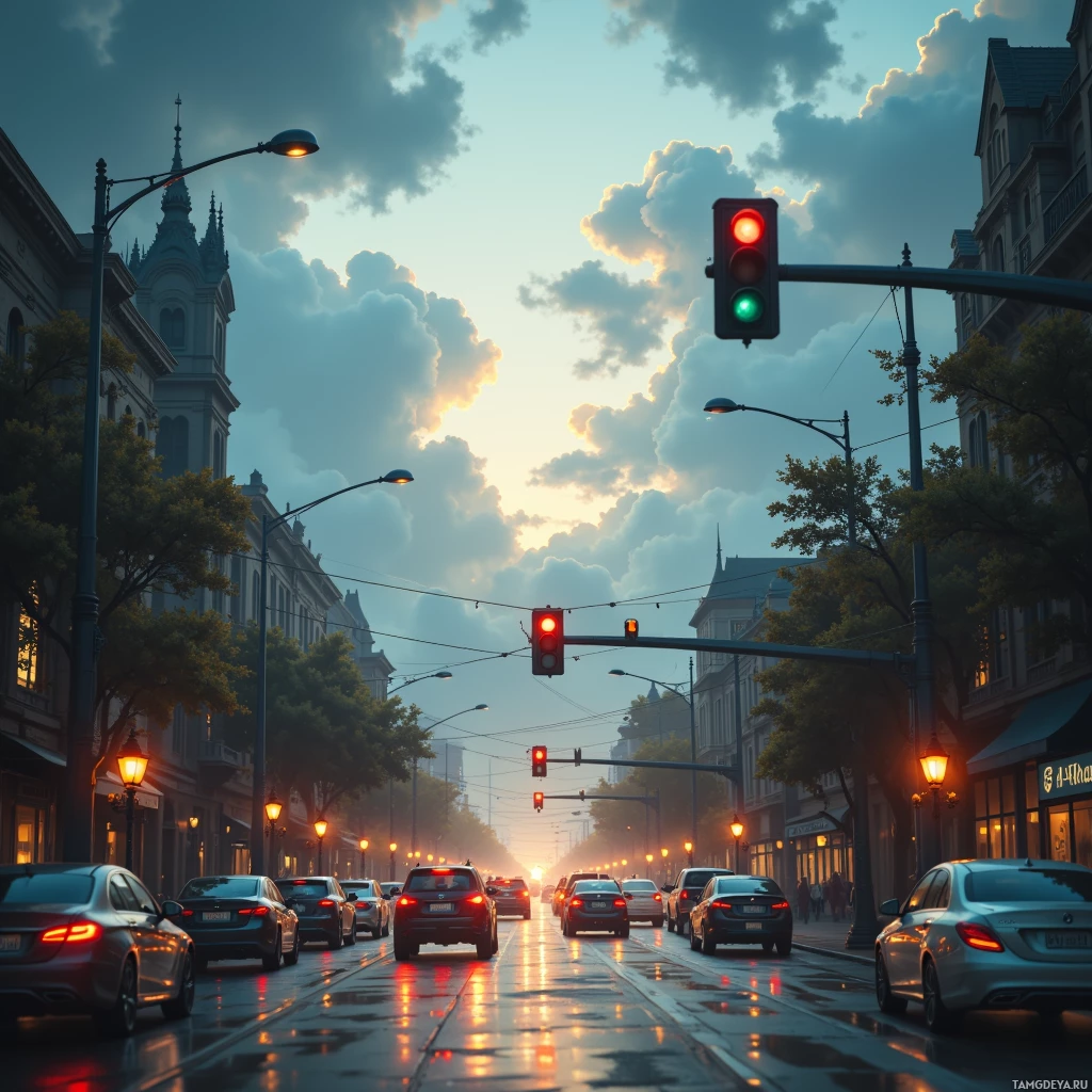 A city street at dusk with traffic lights and cars, featuring a church steeple in the background.