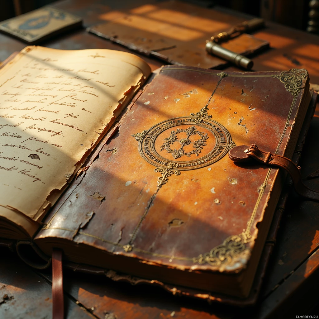 An old, worn book with ornate cover and an open page with handwritten text.