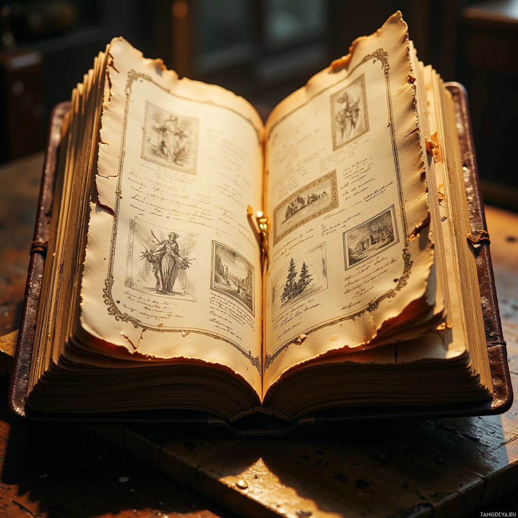 An open, aged book with ornate illustrations and text rests on a wooden surface.