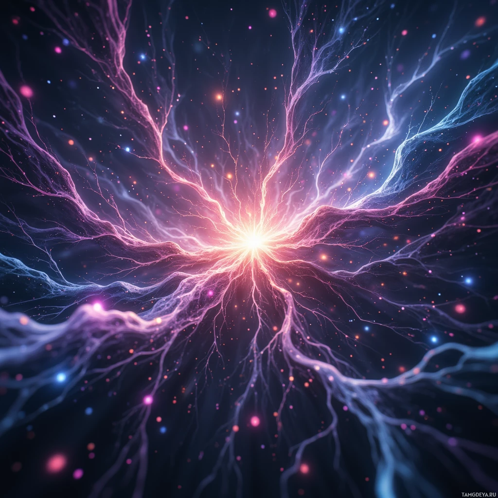 A vibrant cosmic explosion with branching tendrils and glowing particles.