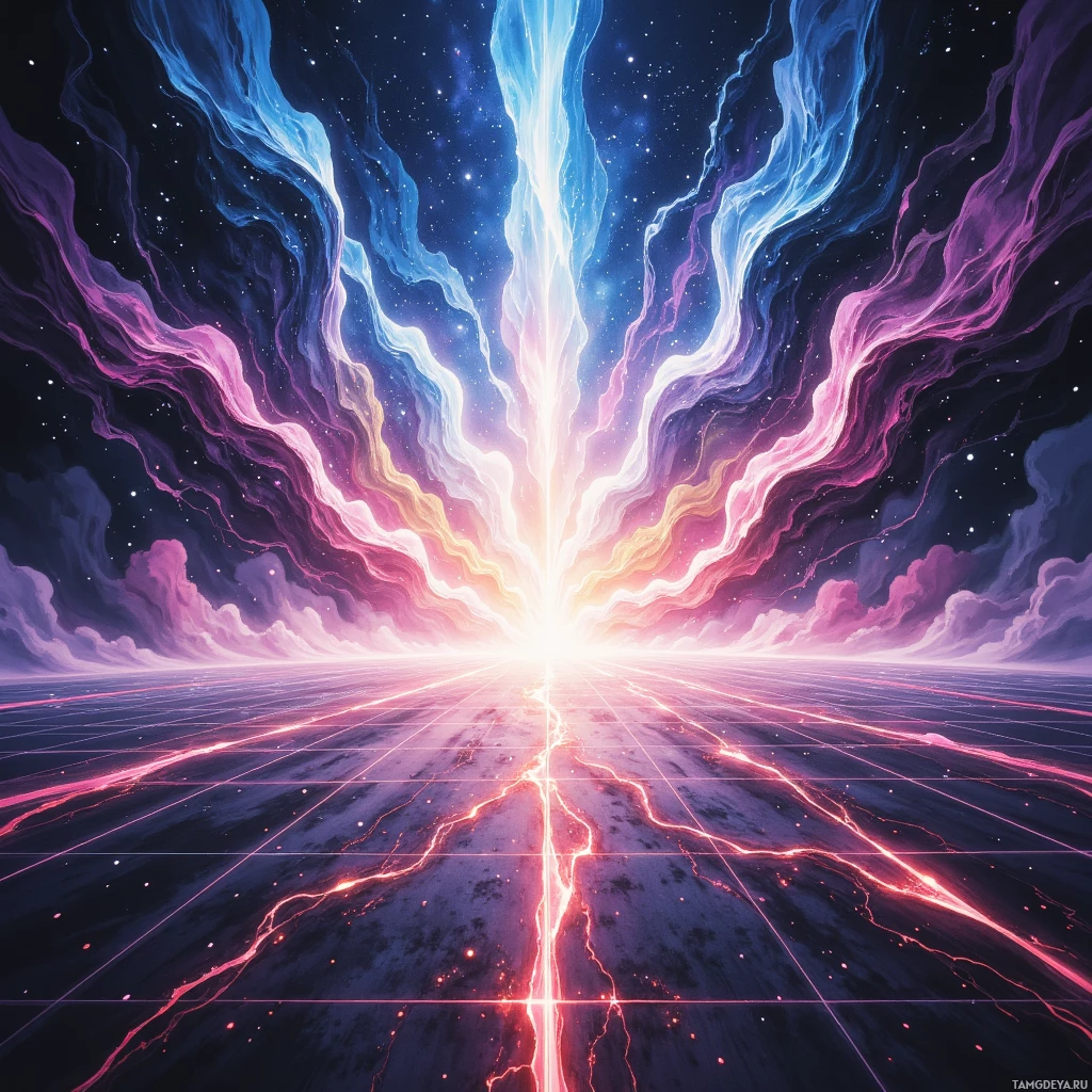 A vibrant cosmic scene with swirling nebulae and a bright light source at the center.