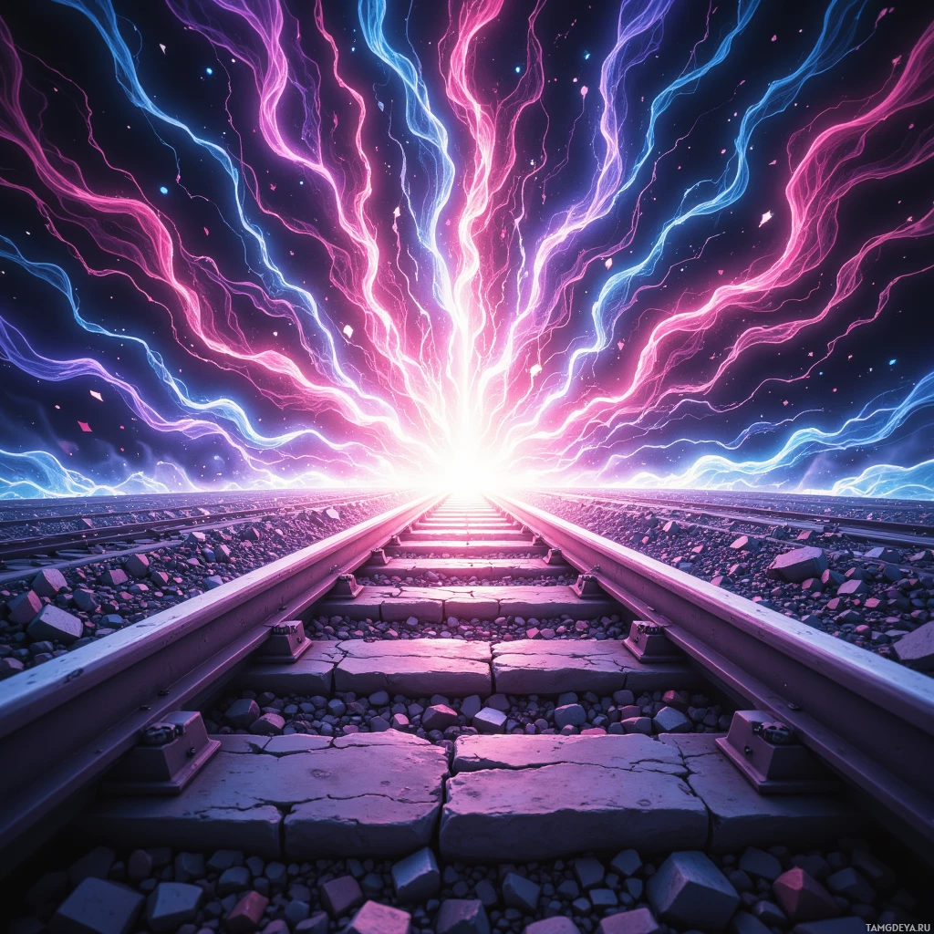 A vibrant, surreal scene featuring a railway track leading into a bright, glowing horizon with colorful, electric-like streaks of light.
