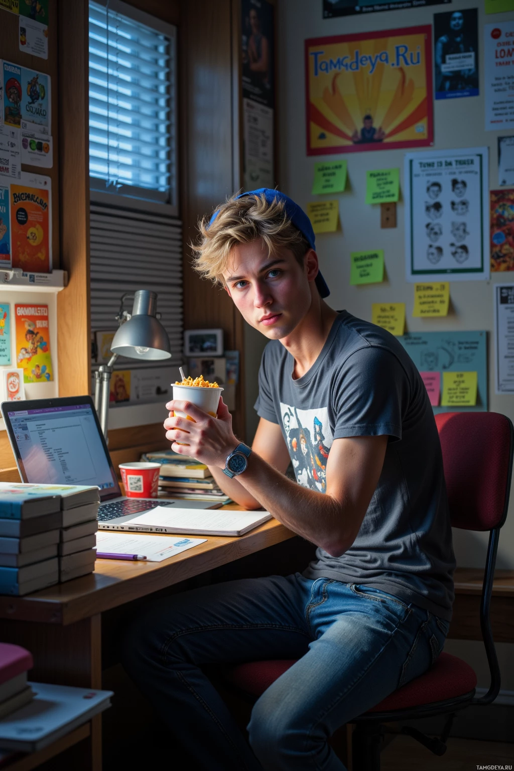 A young person sits at a desk in a study area, holding a cup of popcorn and looking at the camera.