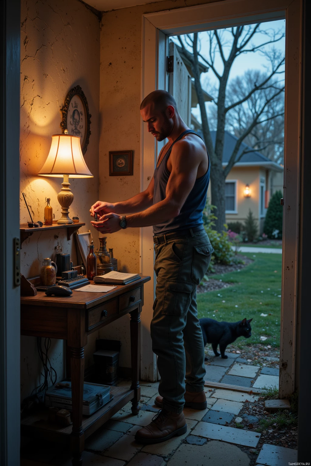 A man stands by a desk, examining something in his hands, with a cat and a house visible outside the open door.