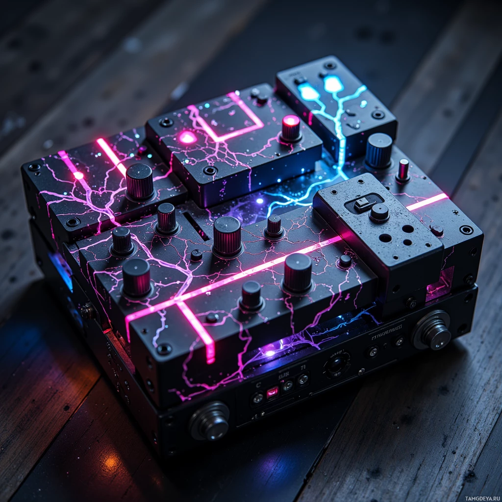 A modern electronic device with glowing pink and blue lights and multiple knobs.