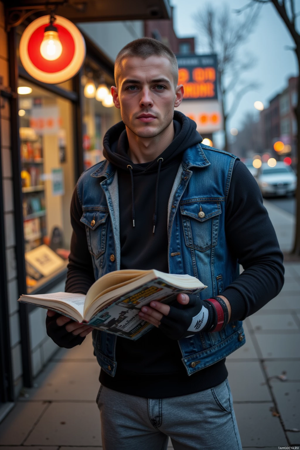 A person stands on a sidewalk holding an open book, wearing a denim vest and gloves.