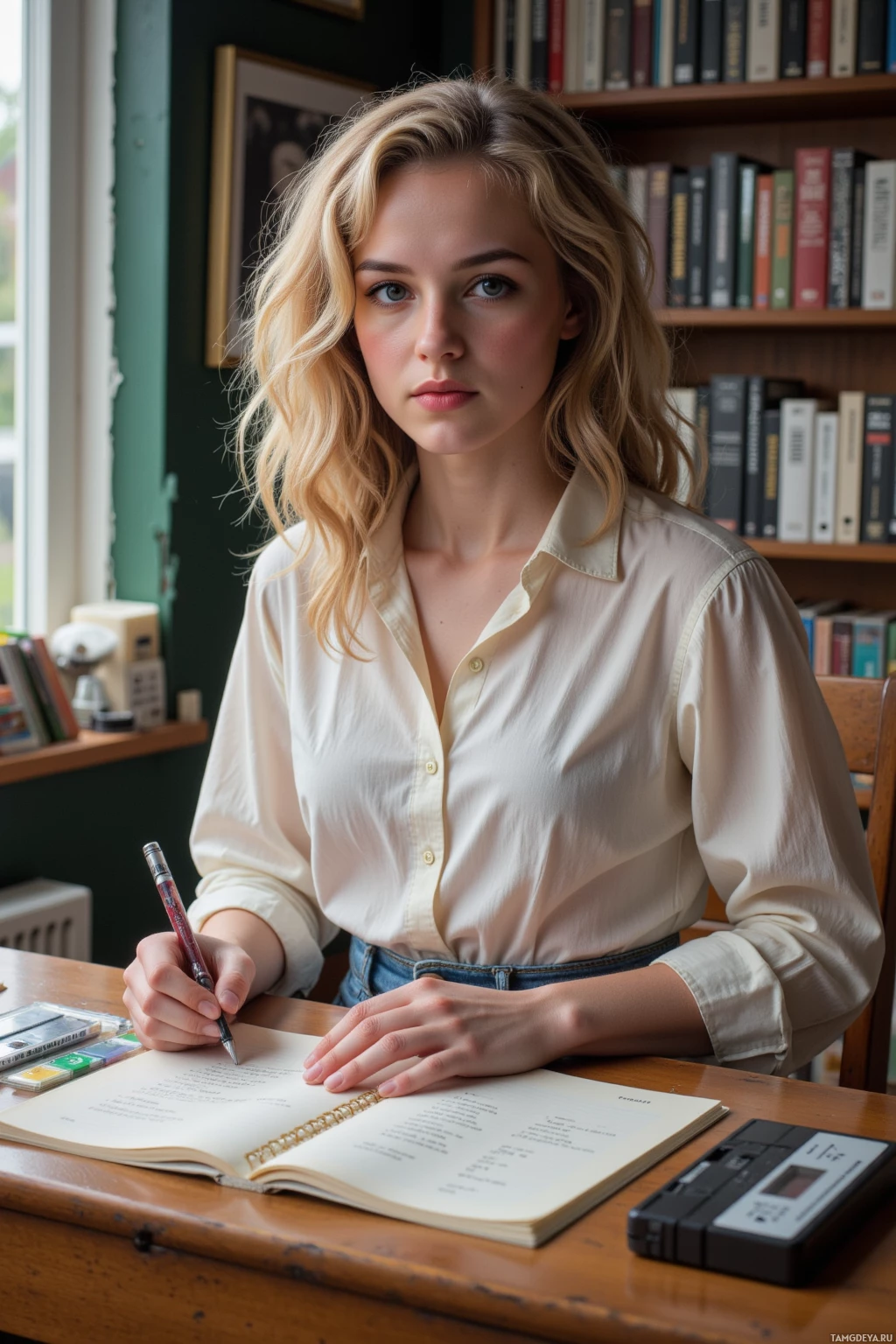 A person is sitting at a desk, writing in a notebook with a pen.