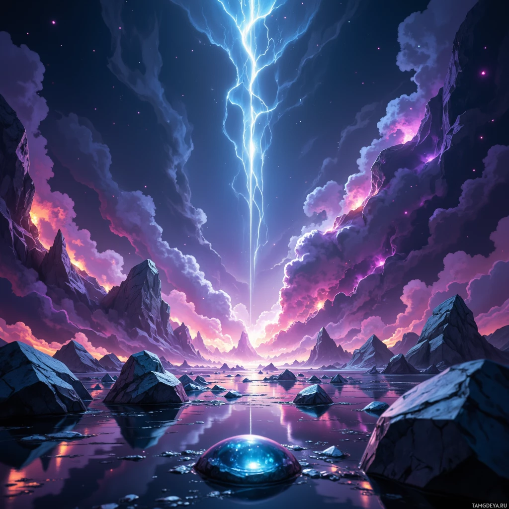 A vibrant, fantastical landscape featuring jagged rock formations, a glowing blue lightning bolt, and a sky filled with swirling clouds in shades of purple and pink.