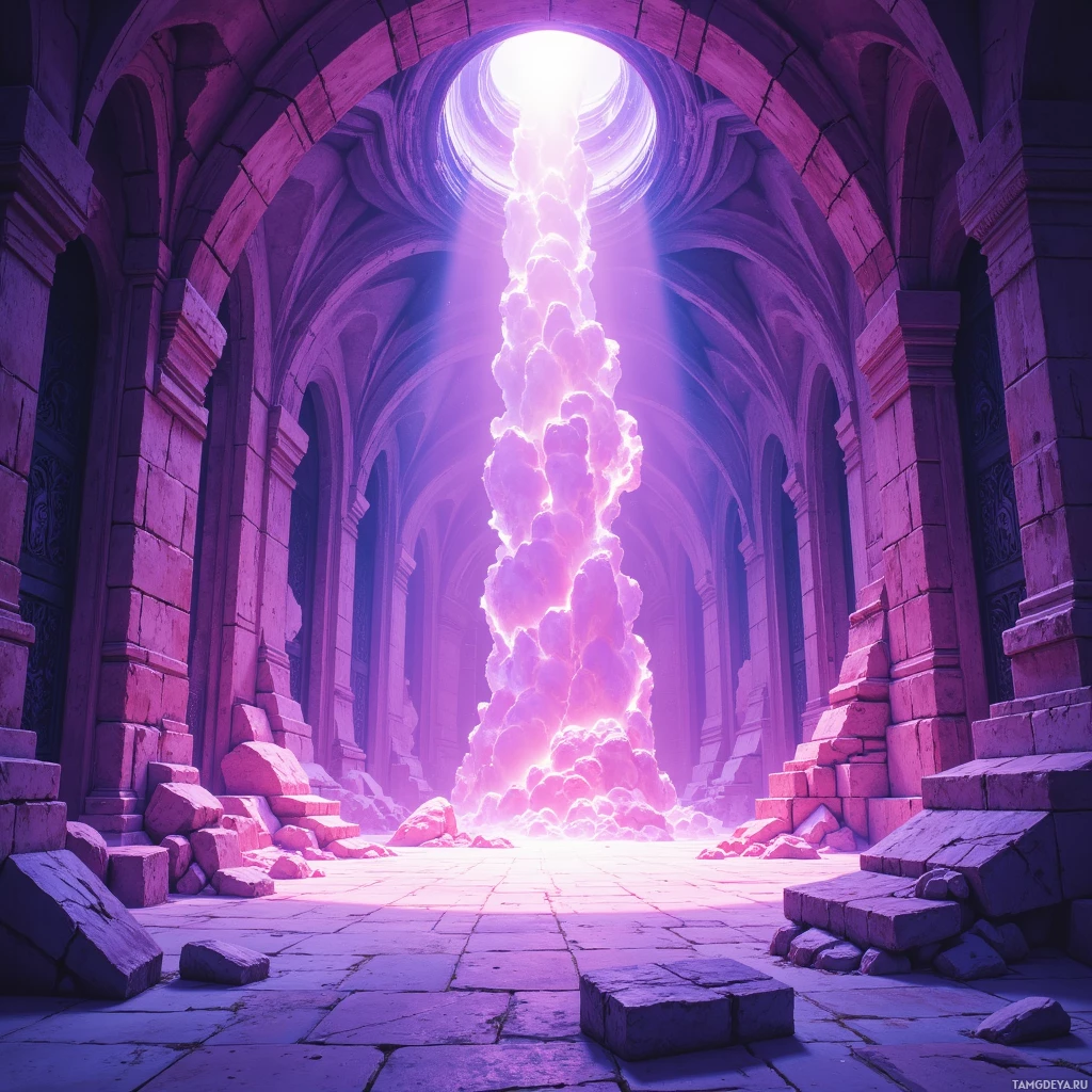 A grand, ancient stone corridor with a glowing, ethereal light source at the end.