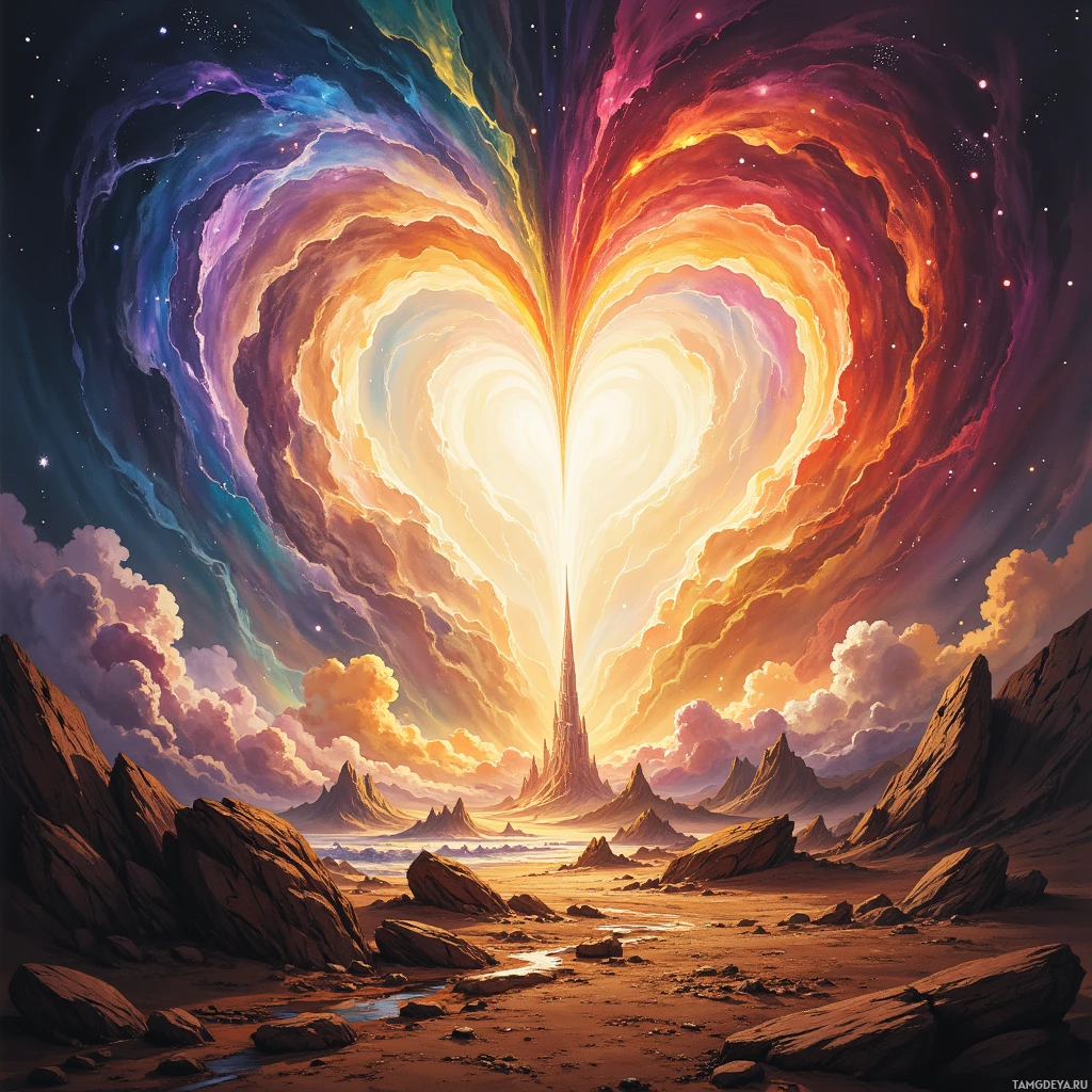 A vibrant, cosmic heart-shaped galaxy shines above a rugged, desert-like landscape with jagged mountains and a small stream.