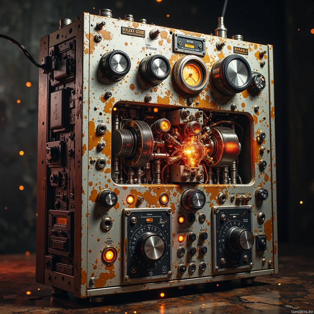 A vintage, rusted electronic device with knobs, dials, and glowing lights.