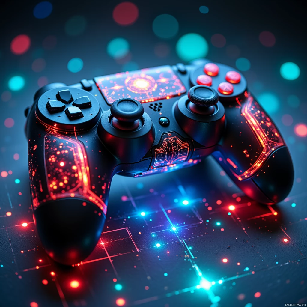 A futuristic gaming controller with glowing red and blue lights against a dark, bokeh background.