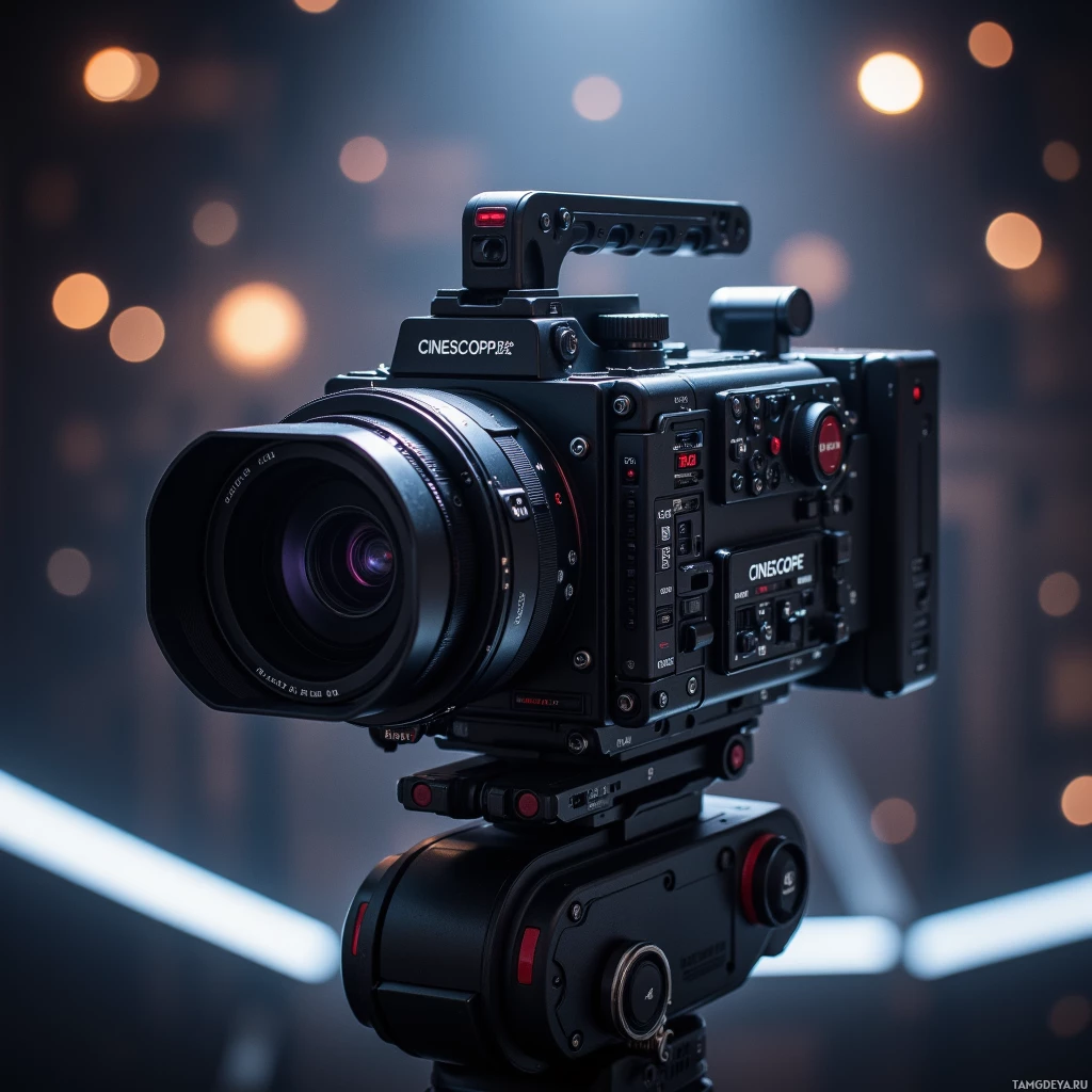 A professional cinema camera with a large lens and various controls is shown against a blurred background of lights.