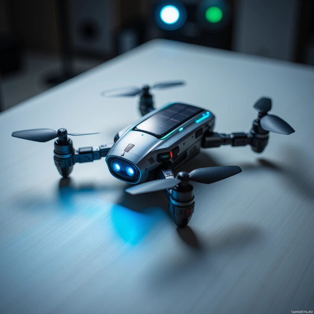 A small drone with illuminated lights rests on a reflective surface.