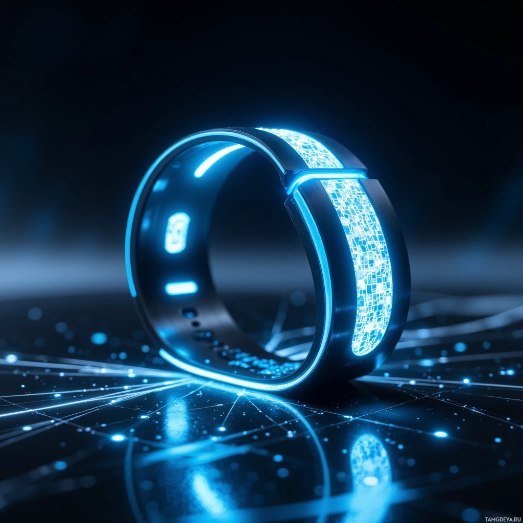 Semi-abstract image with many light, that is suitable for the post:  Sleek titanium bracelet with a small integrated OLED display, polished metal band, neon blue LED flashing, QR code scanner built into the band, futuristic minimalist tech aesthetic.