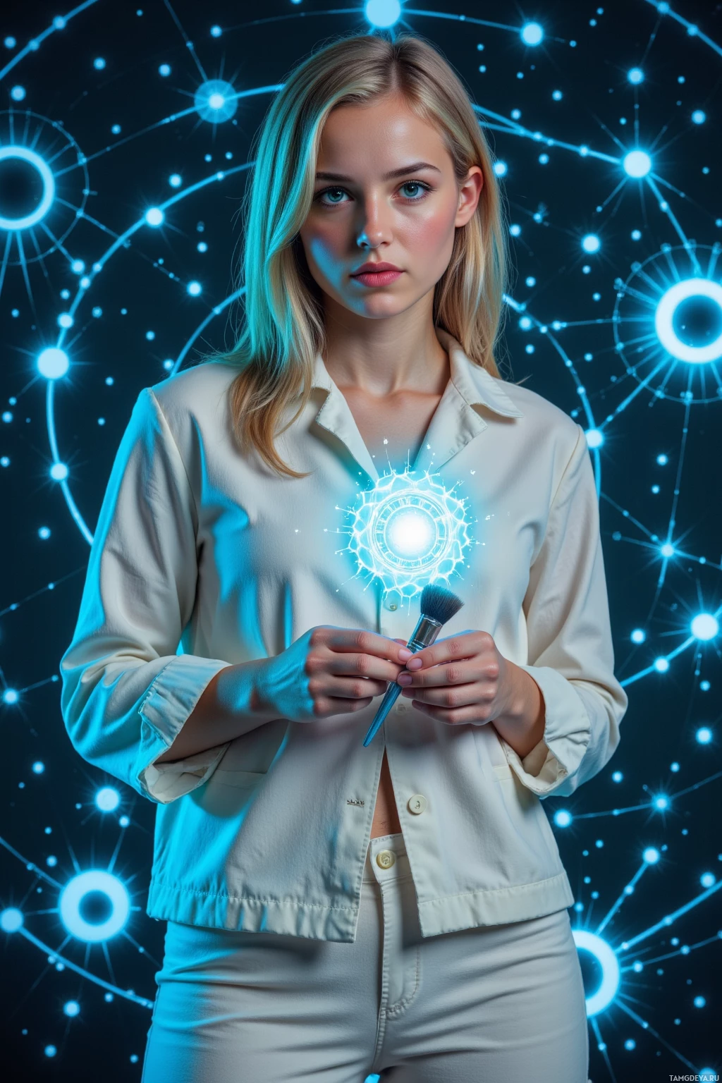 Realistic high quality photo. Woman, 31, short blonde hair, blue‑green glowing eyes, delicate features, wearing a softly glowing bioluminescent suit with loose pants and flowing top, stands in a synth‑lit maze of projected constellations, clutching a holographic brush, hands trembling as she tightens shimmering threads against a floating orbital clock, her focused expression revealing creative precision and stubborn determination.