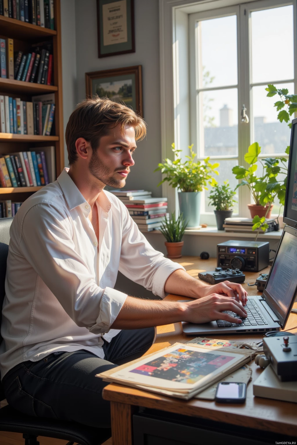 Realistic high quality photo. 29‑year‑old man with short brown hair, blue eyes, wearing a loose white shirt and dark jeans, impatiently scrolling on a laptop beside a dusty 1980s joystick on a wooden desk, surrounded by piles of retro gaming magazines, morning light streaming through a window, in a modern home office.