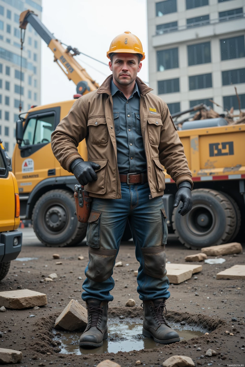 Realistic high quality photo. A rugged construction worker, 29, short buzz cut, blonde hair, blue eyes, fair skin, prominent jawline, wearing a heavy‑duty jacket, hard hat, and sturdy work boots, holding a jackhammer in his pocket, standing in front of a stalled crane on a bustling construction site at day, with a determined yet slightly sarcastic expression.