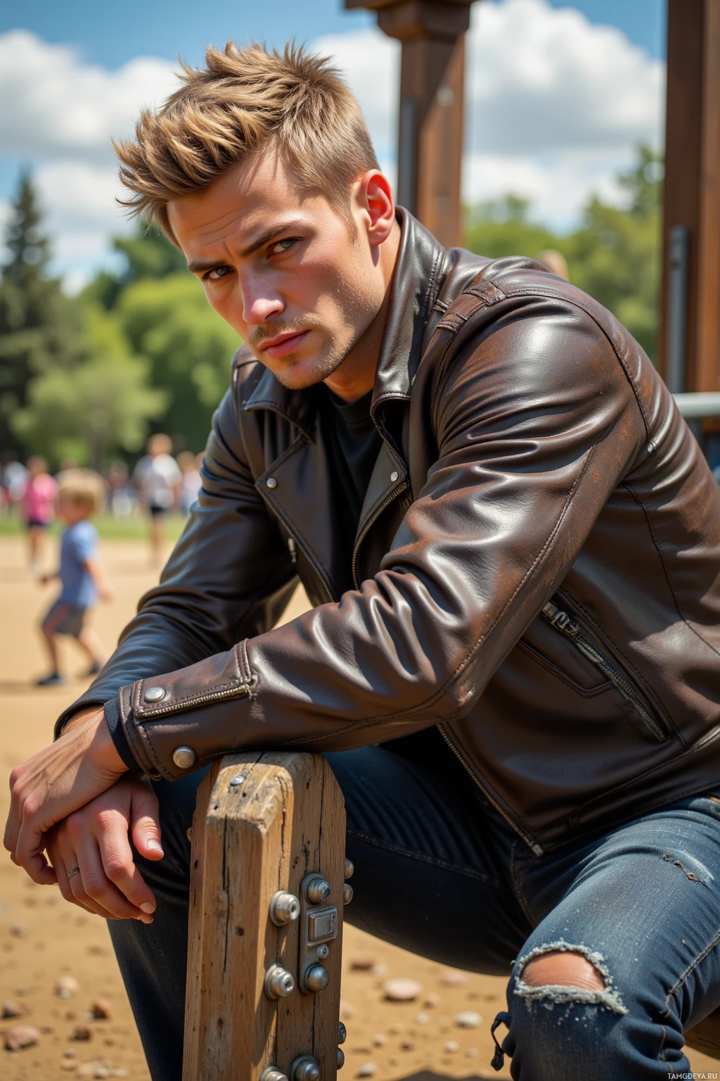 Realistic high quality photo. Man, 27, messy textured blonde hair, piercing blue eyes, warm golden skin, rugged athletic build, wearing a worn leather jacket with silver studs, dark denim jeans, scuffed motorcycle boots, tightening the last bolt on a wooden playground rail in a sunny park with children running nearby, modern realism.