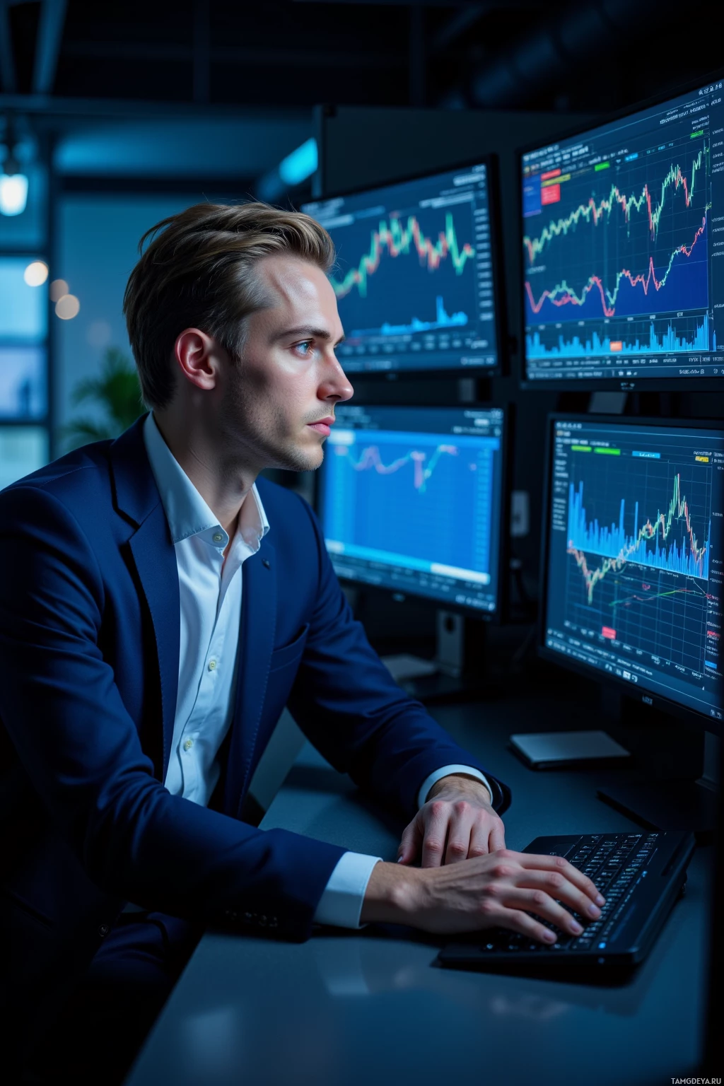 Realistic high quality photo. A 33‑year‑old man with slicked‑back blonde hair, blue eyes, pale skin, wearing a smart tailored blazer and crisp white shirt, sits at a bank of glowing server racks in a dimly lit data center, intently monitoring multi‑screen displays of AI predictive models and market graphs, late at night, focused and calculating.