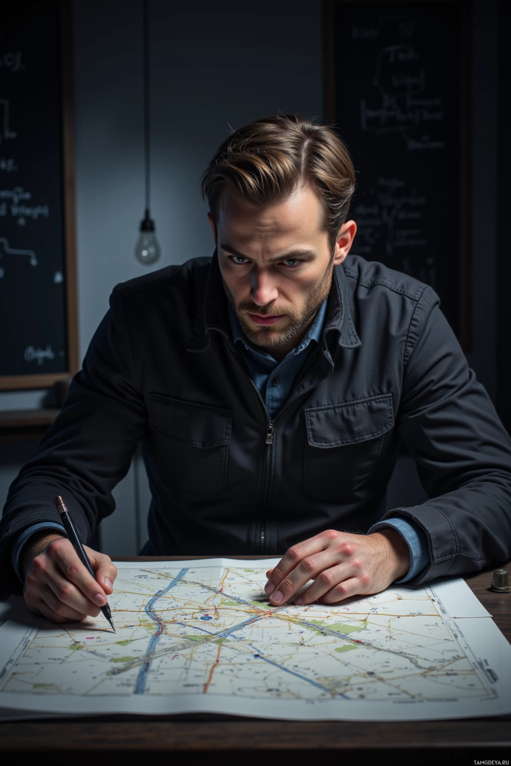 Realistic high quality photo. 40‑year‑old man, short brown hair, pale skin, sharp blue eyes, serious expression, wearing a dark jacket and fitted jeans, seated at a dimly lit drafting table at night, tracing city traffic pattern on a paper map with pale ink margin notes and arrows, his focused, detached demeanor radiating tension and calculation.