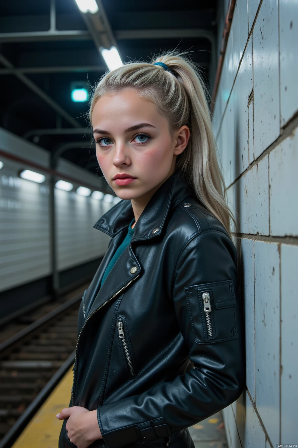 Realistic high quality photo. A confident young woman with long silver hair in a sleek ponytail, piercing blue eyes, fair skin, sharp angular features, wearing an avant‑garde asymmetrical jacket and utilitarian pants, leans against a blank concrete wall inside an abandoned subway platform at night, glitchy digital distortion flickering across the walls as she contemplates her next bold artistic splash.