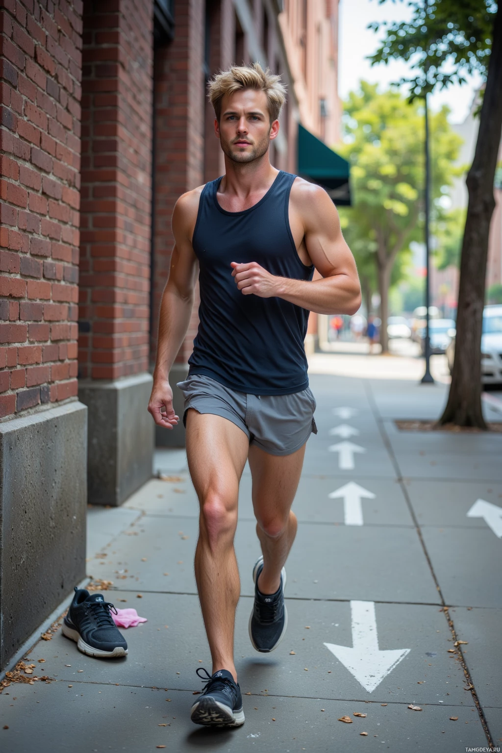 Realistic high quality photo. A 24‑year‑old man with tousled blonde hair, blue eyes, pale skin, wearing a sleeveless athletic top, light running shorts and worn‑out sneakers dashes down a city street at midday, chalk arrows marking detours on the pavement, leaving a fresh pair of road‑scraped sneakers beside a brick city wall.